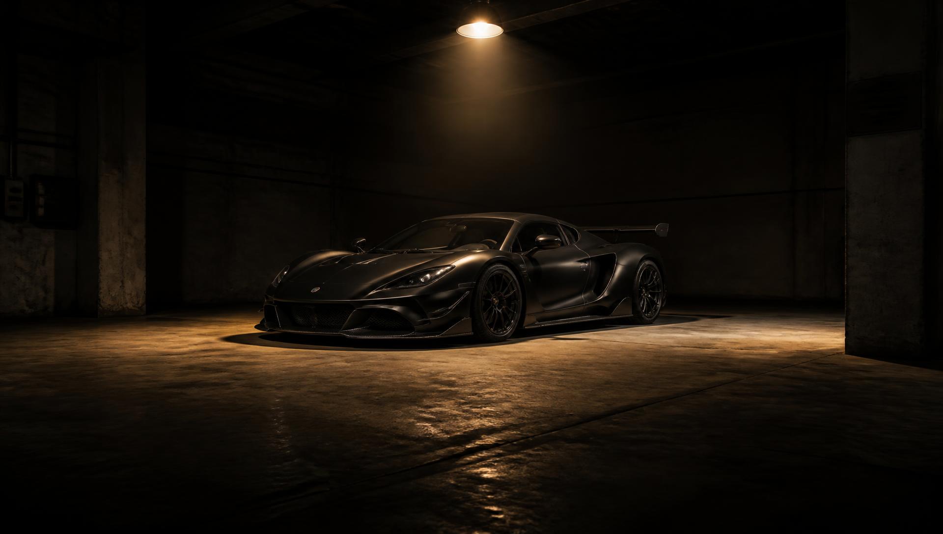 Matsort supersportsvogn i en mørk betongarage